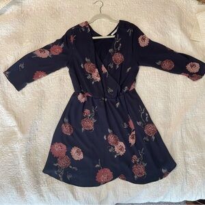 Blue and Pink V-Neck Dress with 3/4 Sleeves